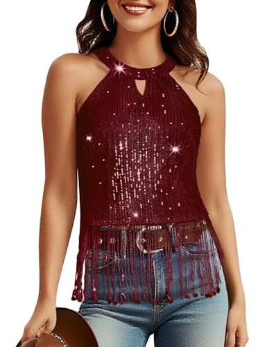 Auplus Halter Tops for Women 70's Disco Womens top Bachelorette AUPG027 Burgundy XL