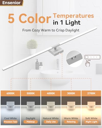 Image of Ensenior Modern Bathroom Vanity Light 48 Inch, Built-in Dimmer, 28W Dimmable 5CCT LED Light Fixture Over Mirror, Baked-on Matte Grey Vanity Lights for Mirror Cabinets Bedroom - FCC & ETL Certificated