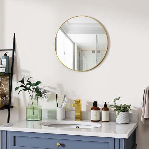 Image of VooBang Gold Round Bathroom Mirror, 20 inch Circle Wall Mounted Hanging Mirror with Simple Modern Circular Metal Frame for Hallway, Entryway, Living Room, Gold Frame