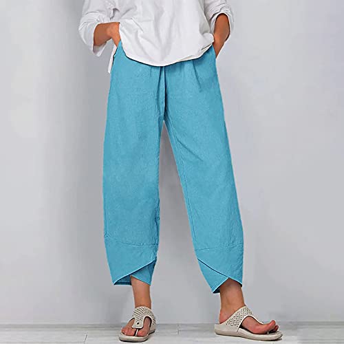Image of Cotton Linen Capri Pants for Women 2025 Casual Printed Cropped Palazzo Pants Elastic Waist Lounge Baggy Trousers