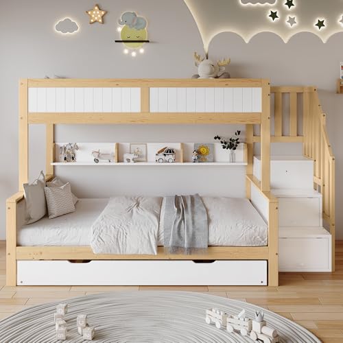 Raeln Litera de Estilo Moderno con Superior de 90x200, Inferior de 120x200 y Nido de 90x190 en Madera Maciza con Escalera y Armario para Habitacion de Esos Adolescentes Reales