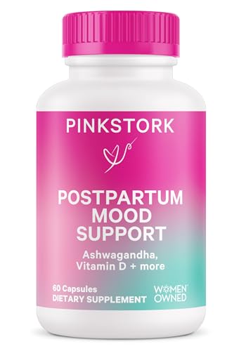 Image of Pink Stork Postpartum Mood Support - Postnatal Hormone Balance for Women - Breastfeeding Friendly - Stress & Cognitive Support, New Mom Essentials - Ashwagandha, Chamomile, & Vitamin D, 60 Capsules
