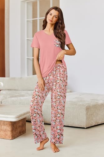 Ekouaer Pajama Sets for Women Short Sleeve Pj Set V Neck Sleepwear Chest Pocket with Long Pants Casual Loose Loungewear Orange Pink Floral S — view 4
