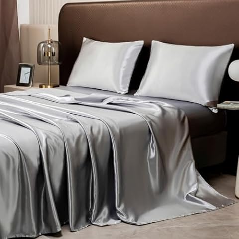 JUWENIN Silky Soft Solid Matte-Satin Hotel Luxury Silky Bed Sheet Sets Shiny-Free,Deep Pocket t Fitted Sheet, Flat Sheet, Pillow Cases (Queen, Grey) Cover