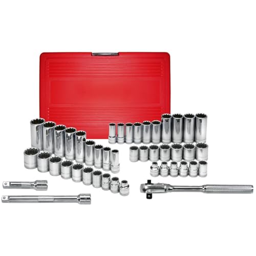 Image of K Tool International 20045 3 /8 inch Drive Spline Socket Set with 3 inch and 6 inch Wobble Extensions for Garages, Repair Shops and DIY, Standard, Deep, SAE, Metric, Polished Chrome Vanadium, Molded Case, 45 Piece