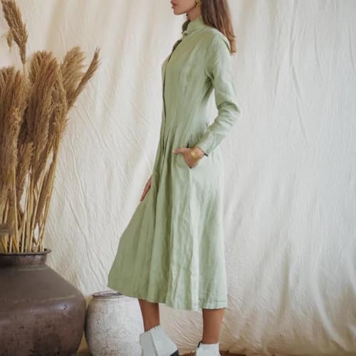 Cotton Linen Midi Shirt Dresses for Women Fall Casual Loose Long Sleeve Collared Button Down Pleated Dress with Pockets4