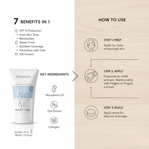 FARMASi BB Cream Beauty Balm, Tinted Moisturizer with SPF 15, Lightweight Matte Finish, Buildable Coverage Face Makeup, 1.7 fl oz, 02 Light to Medium
