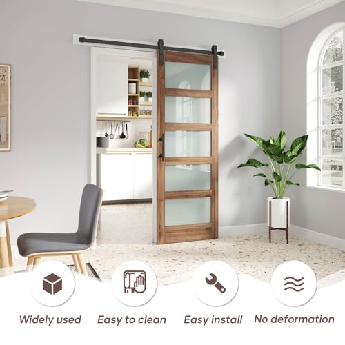 Image of FREDBECK 30 x 84 inch Glass Barn Door with 5.5FT Barn Door Hardware Kit & Handle Included,5-Panel Frosted Glass,Wood Panel,Water-Proof Surface,Pre-Drilled Holes,Need Assembly