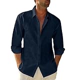 JEKAOYI Button Down Linen Shirts for Men Casual Long Sleeve Regular Fit Cotton Beach Shirts with Pocket Navy