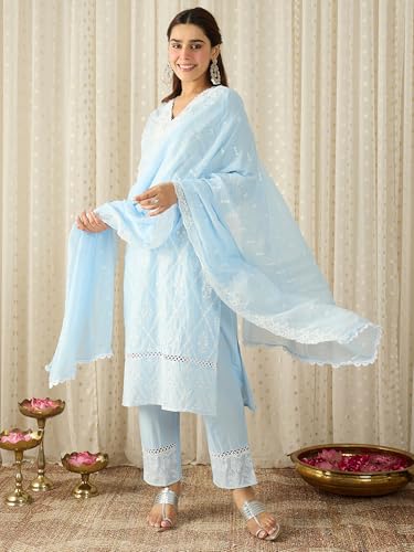 Image of INDO ERA Women's White Viscose Rayon Straight Embroidered Kurta