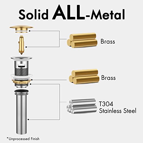 KES Bathroom Sink Drain with Overflow Vessel Vanity Sink Pop Up Drain Stopper Polished Chrome, ALL Metal Rustproof Brass and 304 Stainless Steel, S2008A-CH