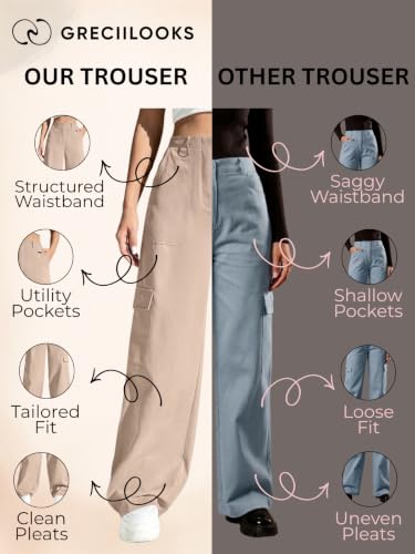 Image of GRECIILOOKS Cargo Pants For Woman | Trousers For Womans |High Waist Cotton Trouser for Women - Flared Parachute Pants with Side Pockets |Womens Cargo Pant | Elegant for College & Events (Available in Plus Size)