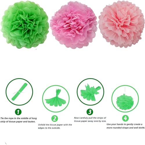 Image of We Moment Green Pink Light Pink Paper Pom Poms Flowers for Birthday Party Decoration - Ceiling Wall Hanging Tissue Flowers - 12pcs 3 Colors