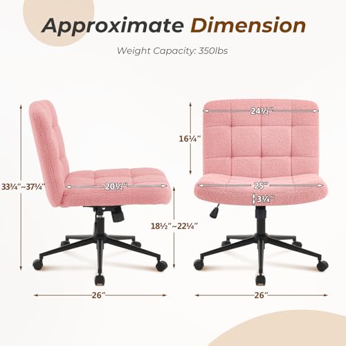 Furnimart Swivel Criss Cross Legged Chair with Wheels for Home Office, Wide Armless Desk Chair Height Adjustable Comfy Seat for Desk,Vanity, Bedroom, Faux Fur Pink - Image 3