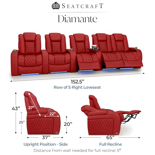 Image of Seatcraft Diamante Red Italian Leather Home Theater Seating, Zero Gravity Power Recliner Gaming and Home Office Chair, Powered Headrest Lounge Sofa Furniture for Cinema Room, Row of 5 Right Loveseats