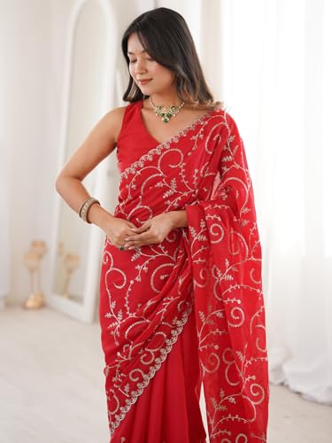 Image of AKHILAM Women's Red Georgette Embroidered Sequins Work Saree With Unstitched Blouse Piece (STARJAL1001 VH)