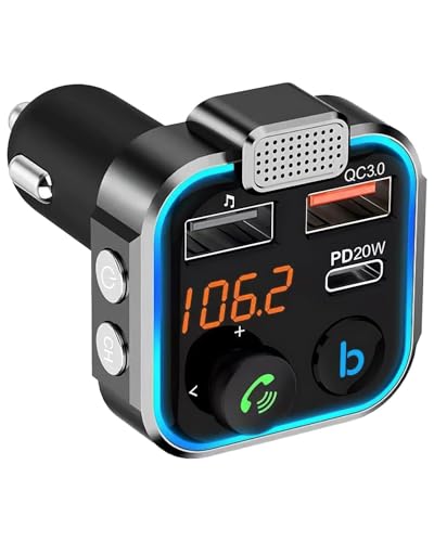 Transmisor FM Bluetooth 5.3 Coche, Manos Libres Coche Bluetooth Adaptador Mechero MP3 Doble USB + PD TipoC 20W Super Carga Rápida Deep Bass Sonido Hi-F Soporte Memoria USB Accesorios para Vehículos