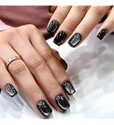 Black Press on Nails Medium Fake Nails Square False Nails with Cat Eyes Designs Artificial Glossy...