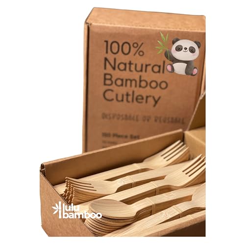 Lulu Bamboo 150 Piece Premium Disposable Bamboo Cutlery. 100% Natural Bamboo 75 Forks 50 Spoons 25 Knives. USA Based Company offers Quality Eco Friendly Durable Utensils. No plastic silverware
