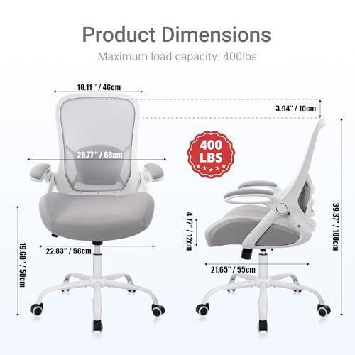 Image of HYLONE 400lbs Heavy Duty Office Chair, 5 inch Thickened Seat Ergonomic Desk Chair with Adjustable Armrests, Home Office Computer Chairs for Long Hours Mesh Executive Chair(Grey)