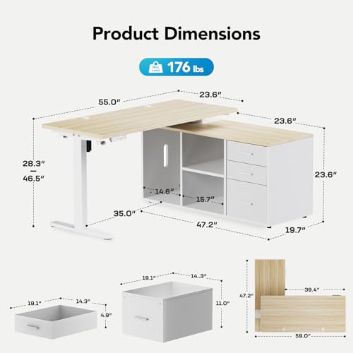 Image of HUANUO L Shaped Standing Desk, Electric Executive Desk with Drawers, Adjustable Height Stand Up Desk, 55″ x 23.6″ One-Whole Piece Desktop, Computer Desk with 4 Memory Presets, Light Walnut