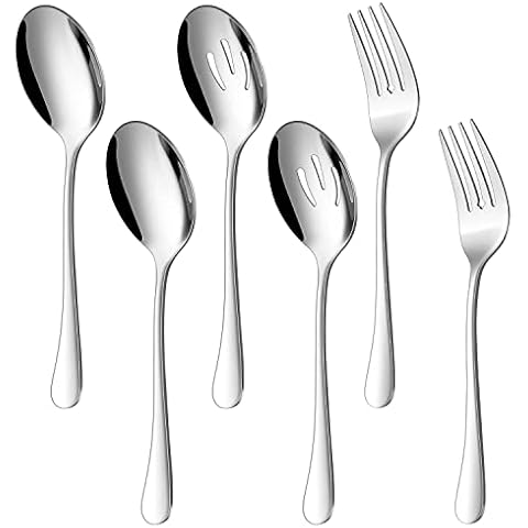 Herogo 6-Pieces Stainless Steel Serving Utensils Set, Included Spoons, Slotted Spoons, Forks, Metal Hostess Set for Catering Banquet Buffet Party, Mirror Polished Cover