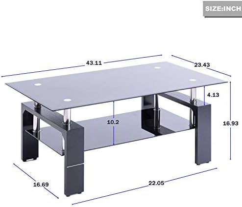 Merax Tempered Glass Living Room Coffee Table - Living Room Table, Rectangular Modern Black with Wooden Legs - 100 x 60 x 45 cm (Black)