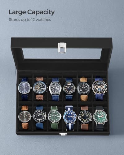 Image of SONGMICS Watch Box, 12-Slot Case With Large Glass Lid, Removable Pillows, Organizer, Gift for Loved Ones, Black Synthetic Leather, Black Lining UJWB012B01