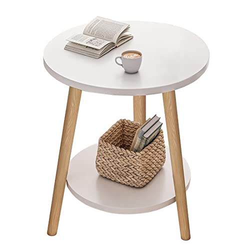 2-Tier Side Table Round Bedside Table White Nightstand Modern End Table Coffee End Table for Living...