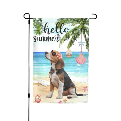 Hello Summer Beagle Puppy Dog Tropical Beach Garden Flag 12x18 Inch Double Sided Vertical Decoration Yard Small Flag For Outside Holiday Seasonal Outdoor