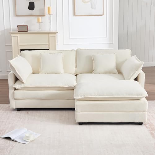 Modular Sectional Sofa with Ottoman: 76.7" Modern L Shaped Sectionals Cloud Couch, Comfy Couch Loveseat, 3 Seat Chenille Deep Seat Sofa with Pillow for Living Room,Bedroom Apartment,Small Spaces-Beige