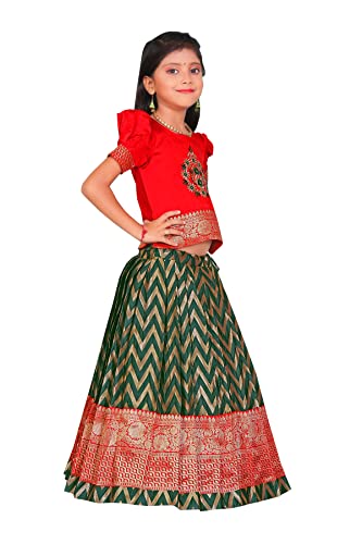Image of New south Indian traditional pattu pavadai Jecquard Lehenga choli for girls dress