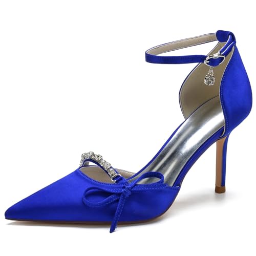 Womens Wedding Shoes Bridal Evening Party Dress Shoes Satin Ankle Strap Wedding Bride Party Shoes with Bow Rhinestone(Blue,9.5)