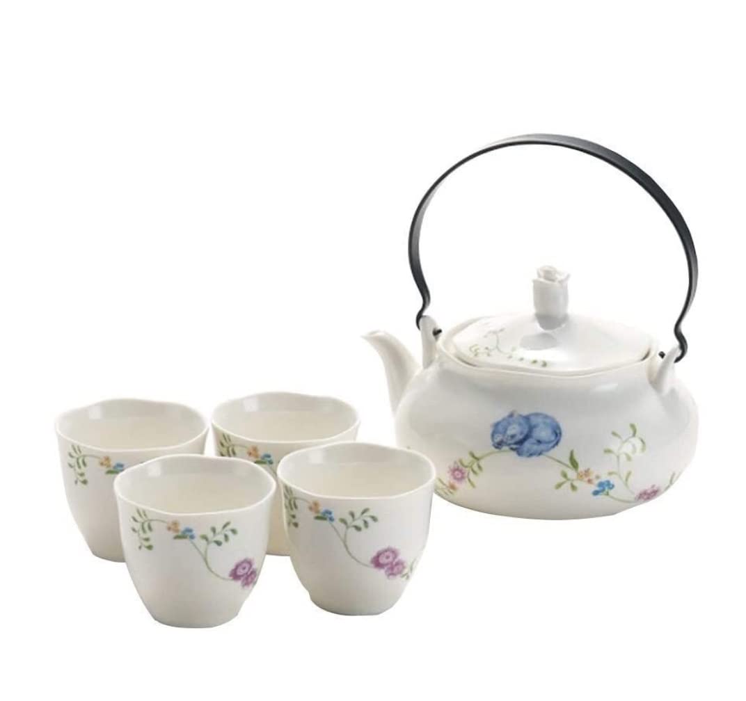 Zestaw Herbaty Klasyczny chiński biały ceramiczny zestaw do herbaty z motywem kwiatowym, czajniczek 740 ml i 4 filiżanki Dla Codziennego Użytku(A)