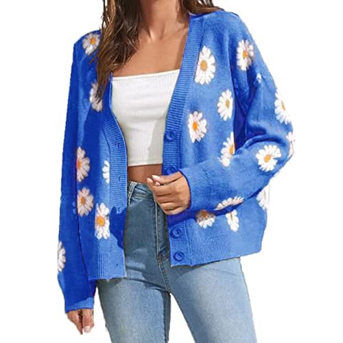 Image of Women's Long Sleeve Cardigan Sweater,Cute Y2K Top Knit Colorful Patterned V Neck Button Outwear S~XL