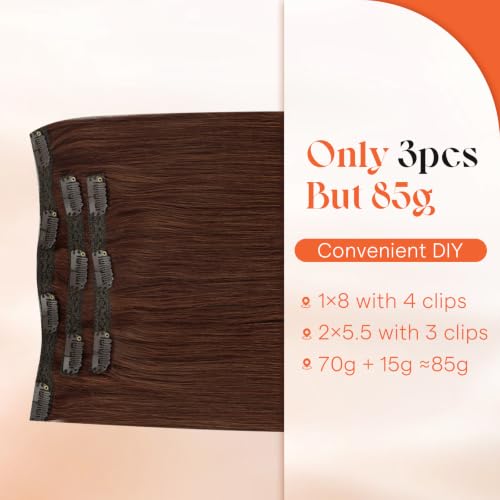 Image of Sunny Hair Clip in Hair Extensions Real Human Hair Dark Reddish Auburn | Remy Extensions for Women Medium Mahogany Brown Invisible Clip ins Lightweight for Cosplay Party 14 Inch 85g