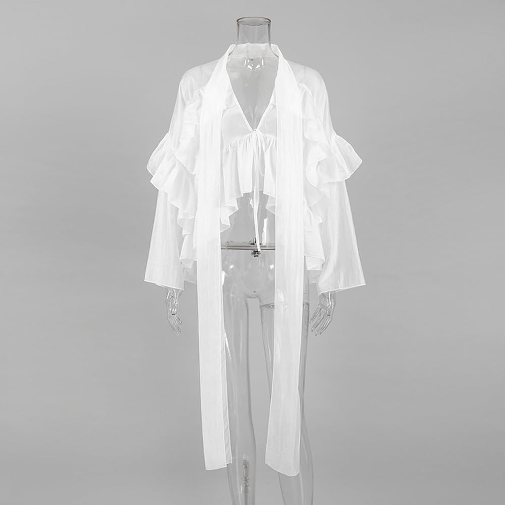 Blouse à col en V pour femmes Hauts à volants Garniture à manches longues Voir à travers Flowy Dressy Chemise de travail élégante