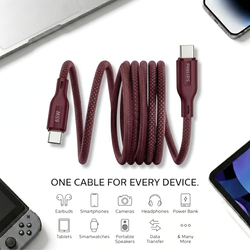 Image of PHILIPS DLC4130CI /94 65W Type-C to Type-C Fast Charging Cable (1m, Iron Red) | Nylon Braided | Compatible with iPhone 15+ Series, USB-C iPad Models, Samsung Galaxy & All Type C Devices