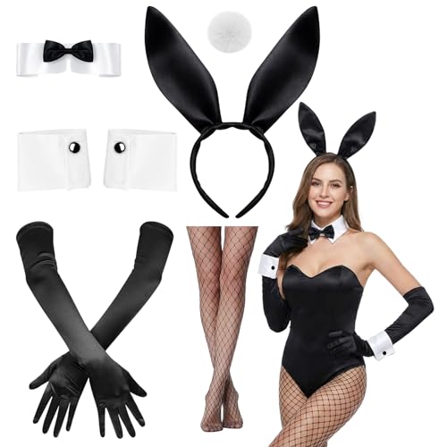 ZcrPrn Bunny Costume Adult Playboy Bunny Costume Adult Bunny Outfit Women with Rabbit Ears Gloves Fishnet Stockings Arm Warmers Tail and Bow Tie Easter Bunny Costume Set for Themed Parties
