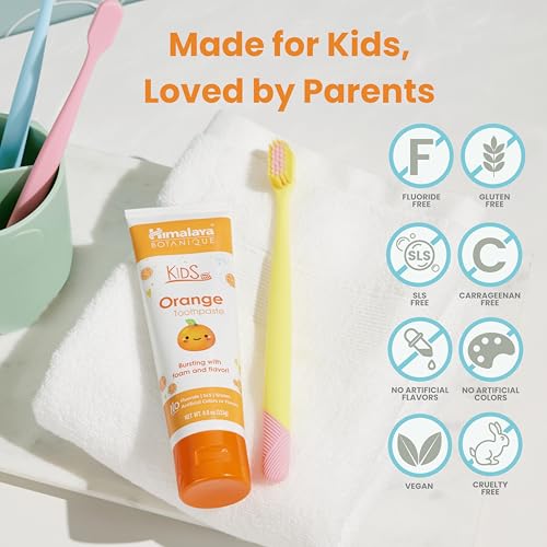 Image of Himalaya Botanique Kids Toothpaste, Herbal, Orange Flavor, Fights Plaque, Fluoride Free, Gentle, No Artificial Flavors or Colors, SLS Free, Gluten Free, Cruelty Free, Vegan, Foaming, 4 Oz, 2 Pack