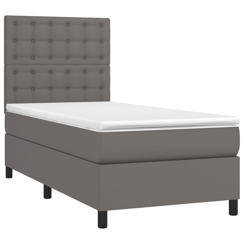 Kunstleder Boxspringbett mit LED Beleuchtung höhenverstellbares Kopfteil | Boxspringbett mit Matratze & LED Grau 100x200 cm Kunstleder mit Kopfteil verstellbar Taschenfederkernmatratze Topper USB