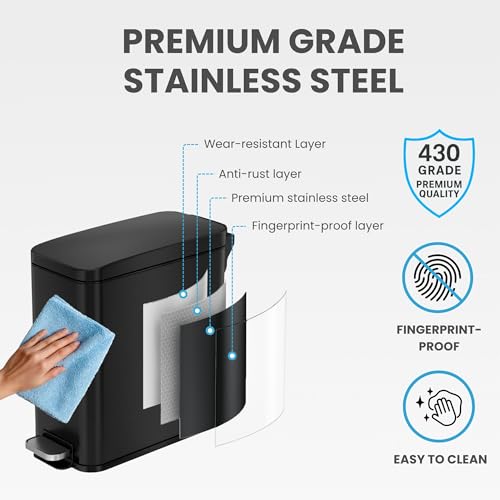Image of iTouchless 3 Gallon Small Wastebasket for Bathroom with Lid, Deodorizer, Soft-Step Stainless Steel Slim Garbage Bin, 12 L Black Small Trash Can, Step Pedal, Modern Farmhouse Decor for Powder Room