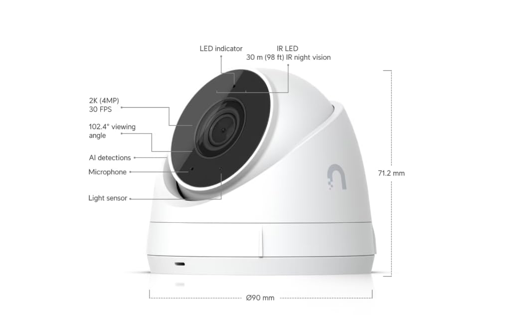Ubiquiti UniFi G5 Turret Ultra - Caméra de Vidéosurveillance IP PoE 4MP 2K, Vision Nocturne 30 m, Angle 102°, IP66 Étanche, Anti-Sabotage, Micro Intégré, Intérieur/Extérieur, Blanc