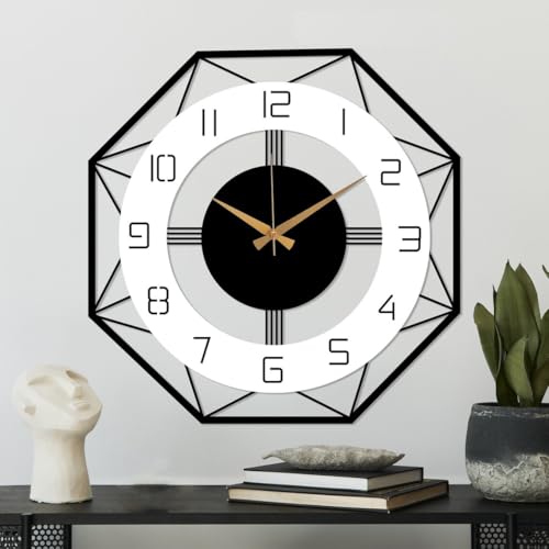Image of Arabs Morden Metal & Wooden Wall Clock for Living Room Bedroom Office Kitchen Stylish Wall Clock for Home and Hall Designer Big Size Modern (Triangle White, 50 CM)