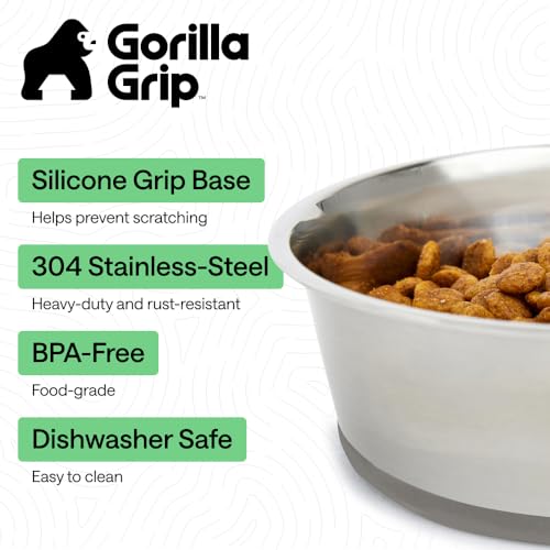 Image of GORILLA GRIP Dog Bowls, Food Grade 304 Stainless Steel, Holds 8 Cups Each (64 fl oz) Food and Water Bowl for Feeding Dogs and Cats, Dishwasher Safe, Rust Resistant, BPA Free Rubber Base Set of 2 Gray