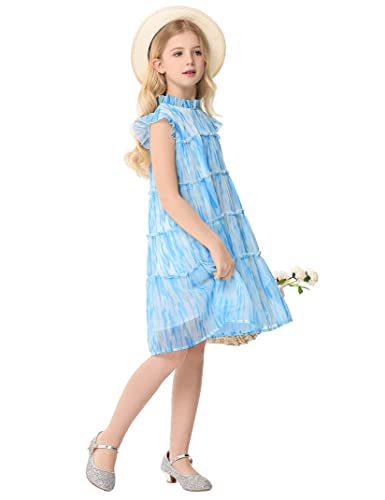 Girls Ruffle Dress Sleeveless Zipper Up Back Bow Tiered Chiffon A-Line Dress Flow Cute Midi Dresses 3-12 Years3