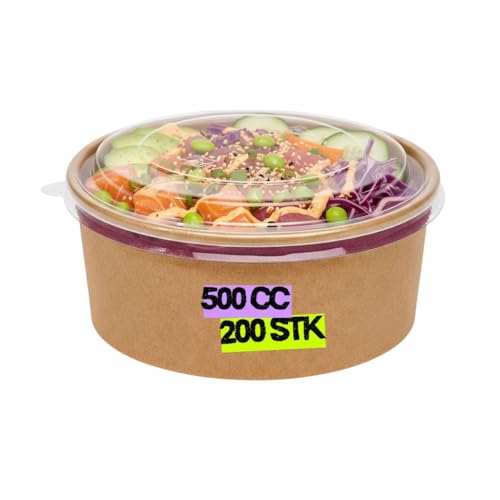 Inoverse - Inoverse 200 Stück Kraft Salatschalen mit Deckel 500 ml – Papier Salat Bowls To Go, Salatschüsseln, Einweg Papierschalen für Salate Suppen Müsli Snacks, Rund Take Away Schalen aus Hartpapier, Braun