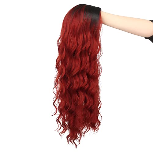 Image of Swiking Ombre Red Long Curly Wigs for Women Wavy Black and Red Wig Natural Synthetic Hair Wig for Cospaly Halloween
