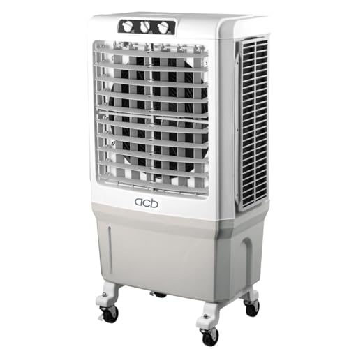 CLIMATIZADOR EVT 5000. Para 50/60 m2.Impulsión aire 5000 m3/h. Ventilador 180 w. Depósito de 45 L. Consumo de agua 2/3 lts/h. Tres velocidades de ventilación. Función Swing. Alta resistencia mecánica.