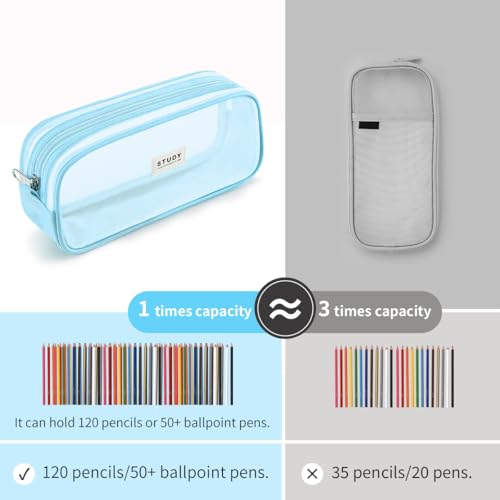 Image of KALIDI Grid Mesh Pencil Case Pen Bag Clear Case Marker Pouch Multifonction Organizer Box Transparent case Makeup Bag Office College School Gift for adults Teen Girl Boy, blue, Pencil Case